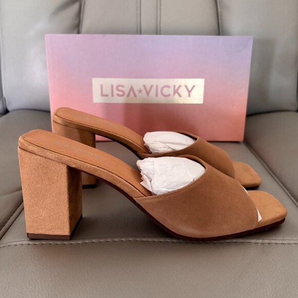 Lisa Vicky Vital - V  Tan Kid Suede Block Heel Slide Sandal Heels New in Box - Picture 1 of 9